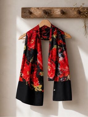 100% Silk Red & Black Floral Scarf Red Flowers with Black - 18”W x 74” L